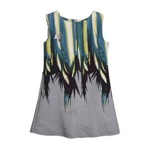 Carlucci Kids Sleeveless Feather Print Dress Girl Size 3T Gray Blue Formal Lined